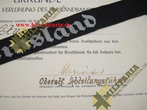 Schmuck- Verleihungskukunde zum Ärmelband Emsland, ausgestellt in Melle mit Ärmelband.-2663