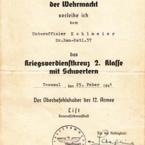 3er Urkundengruppe u.a. mit Unterschrift General der Panzertruppe Knobelsdorff und Urkunde KVK 12. Armee List-4675