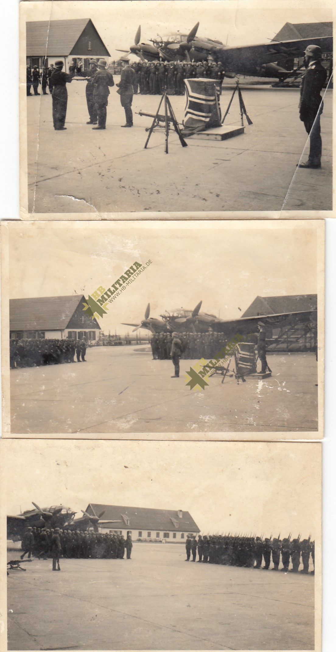 3x Fotos Vereidigung Luftwaffe auf Flugplatz vor HE111
