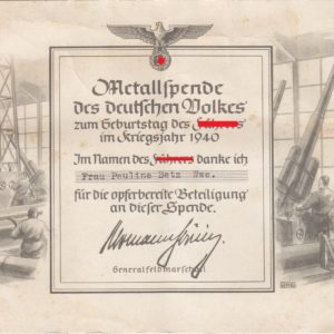 Urkunde Metallspende des deutschen Volkes, zum Geburtstag des F... im Kriegsjahr 1940-0