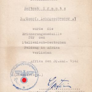 Deutsch- italienische Feldzugsmedaille + Urkunde/ Bescheinigung.-6877