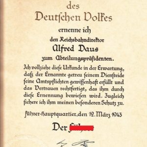 Original Tintenunterschrift Adolf Hitler für Beförderungsurkunde des Reichsbahndirektors Alfred Daus.-11520