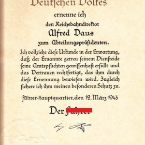 Original Tintenunterschrift Adolf Hitler für Beförderungsurkunde des Reichsbahndirektors Alfred Daus.-11521