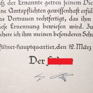 Original Tintenunterschrift Adolf Hitler für Beförderungsurkunde des Reichsbahndirektors Alfred Daus.-11502
