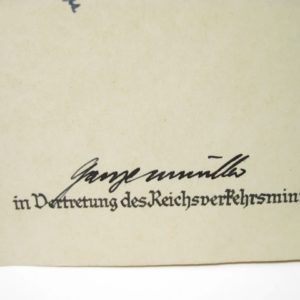 Original Tintenunterschrift Adolf Hitler für Beförderungsurkunde des Reichsbahndirektors Alfred Daus.-11504