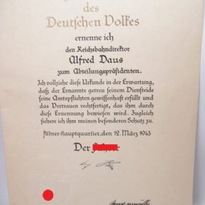 Original Tintenunterschrift Adolf Hitler für Beförderungsurkunde des Reichsbahndirektors Alfred Daus.-11510