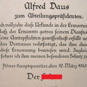 Original Tintenunterschrift Adolf Hitler für Beförderungsurkunde des Reichsbahndirektors Alfred Daus.-11512