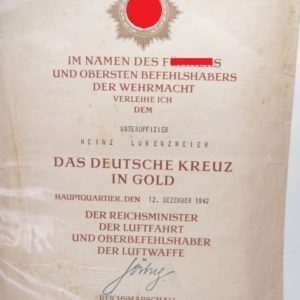 Luftwaffe - Große Verleihungsurkunde zum Deutschen Kreuz in Gold. KG27.-11534