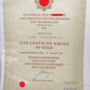 Luftwaffe - Große Verleihungsurkunde zum Deutschen Kreuz in Gold. KG27.-11535