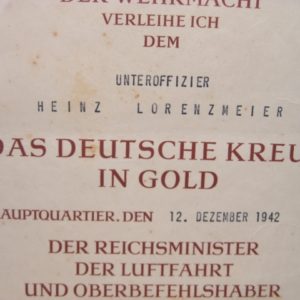 Luftwaffe - Große Verleihungsurkunde zum Deutschen Kreuz in Gold. KG27.-11539
