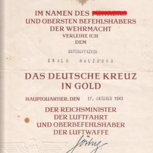 Urkunde zum Deutschen Kreuz in Gold. Luftwaffe. KG 55-11874