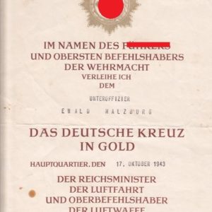 Urkunde zum Deutschen Kreuz in Gold. Luftwaffe. KG 55-0