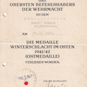 Urkundennachlass: Ärmelband Kreta 1942, Ostmedaille. -12169