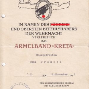 Urkundennachlass: Ärmelband Kreta 1942, Ostmedaille. -12168