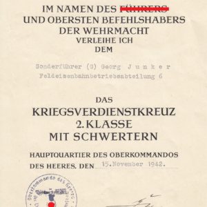 IMG 0001 1 300x300 - Urkunde Kriegsverdienstkreuz 2. Klasse mit Schwertern. Rudolf Gercke.