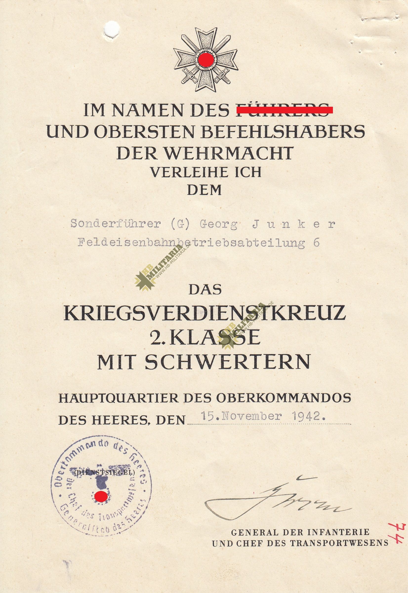 Urkunde Kriegsverdienstkreuz 2. Klasse mit Schwertern. Rudolf Gercke.