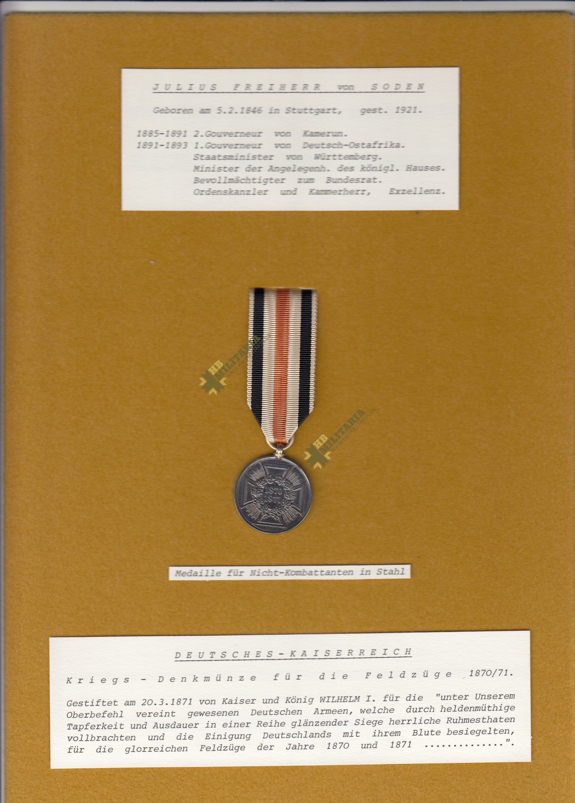 Preussen: Kriegsdenkmünze 1870/71 Julius Freiherr von Soden. Deutsch- Ostafrika. - VERKAUFT- SOLD
