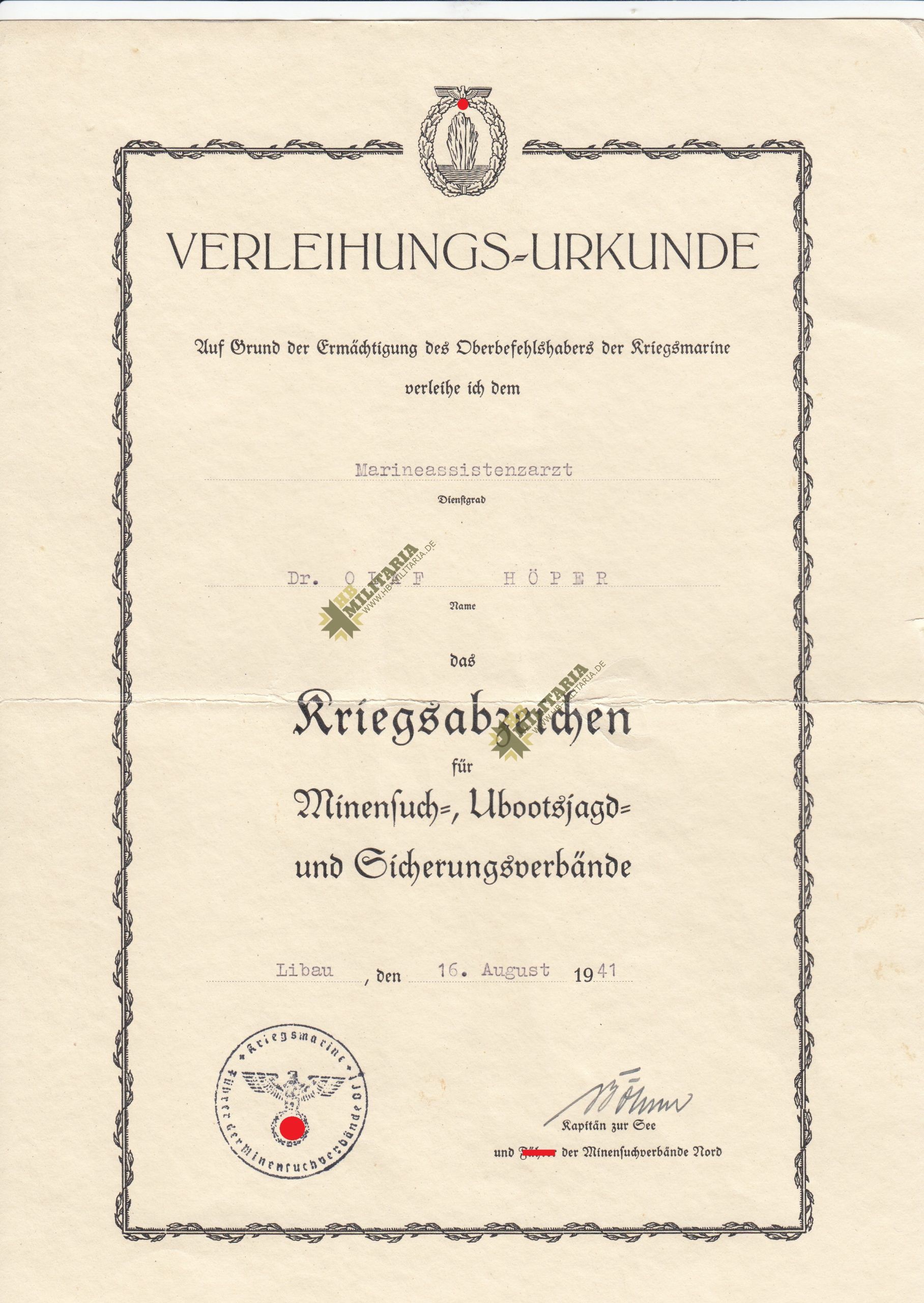 Verleihungsurkunde Kriegsabzeichen für Minensuch- UBootsjagd und Sicherungsverbände- VERKAUFT- SOLD