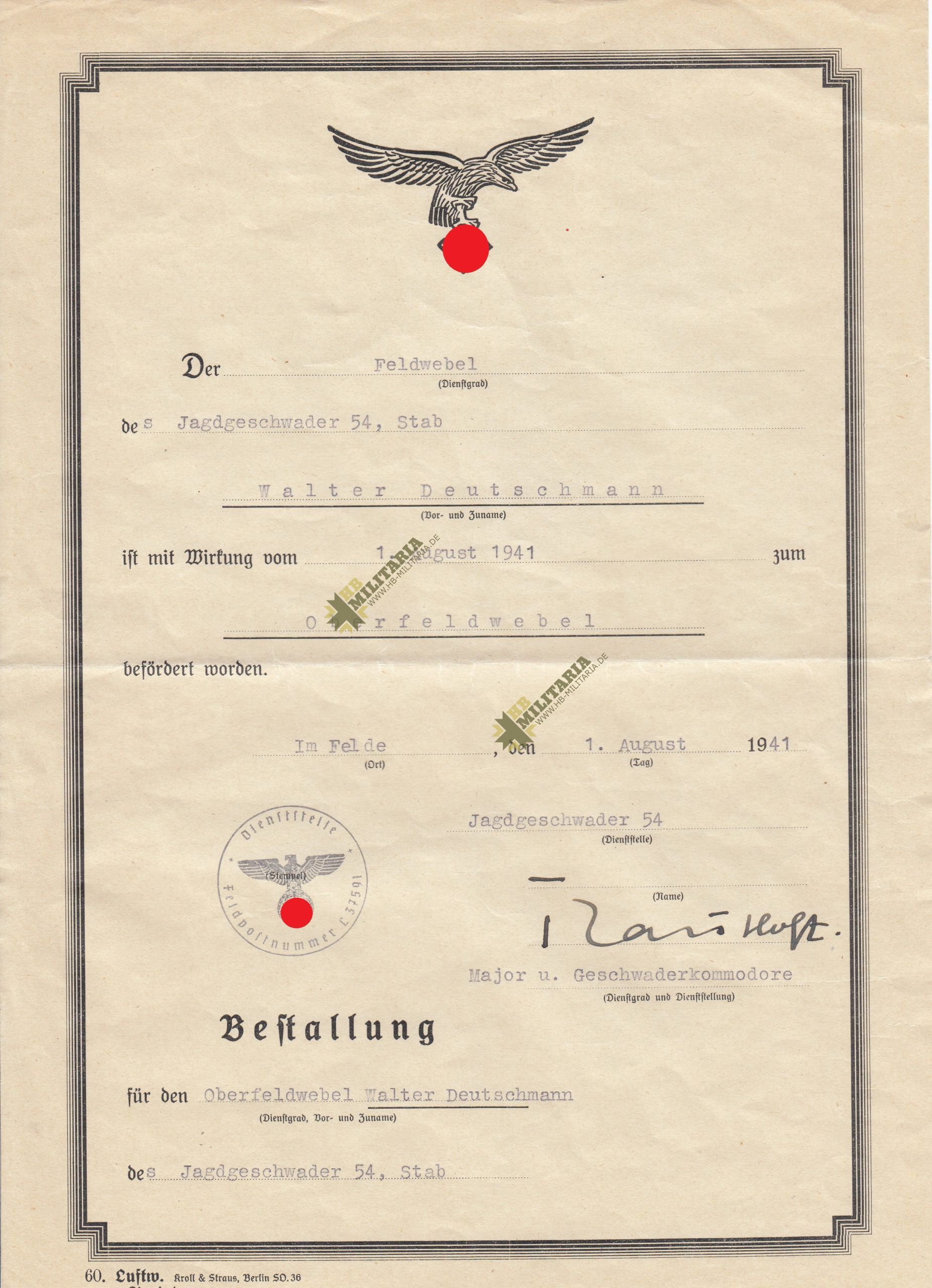 Kleiner Nachlass Bestallung im Jagdgeschwader 54 mit originaler Unterschrift Trautloft- VERKAUFT- SOLD – Bild 2