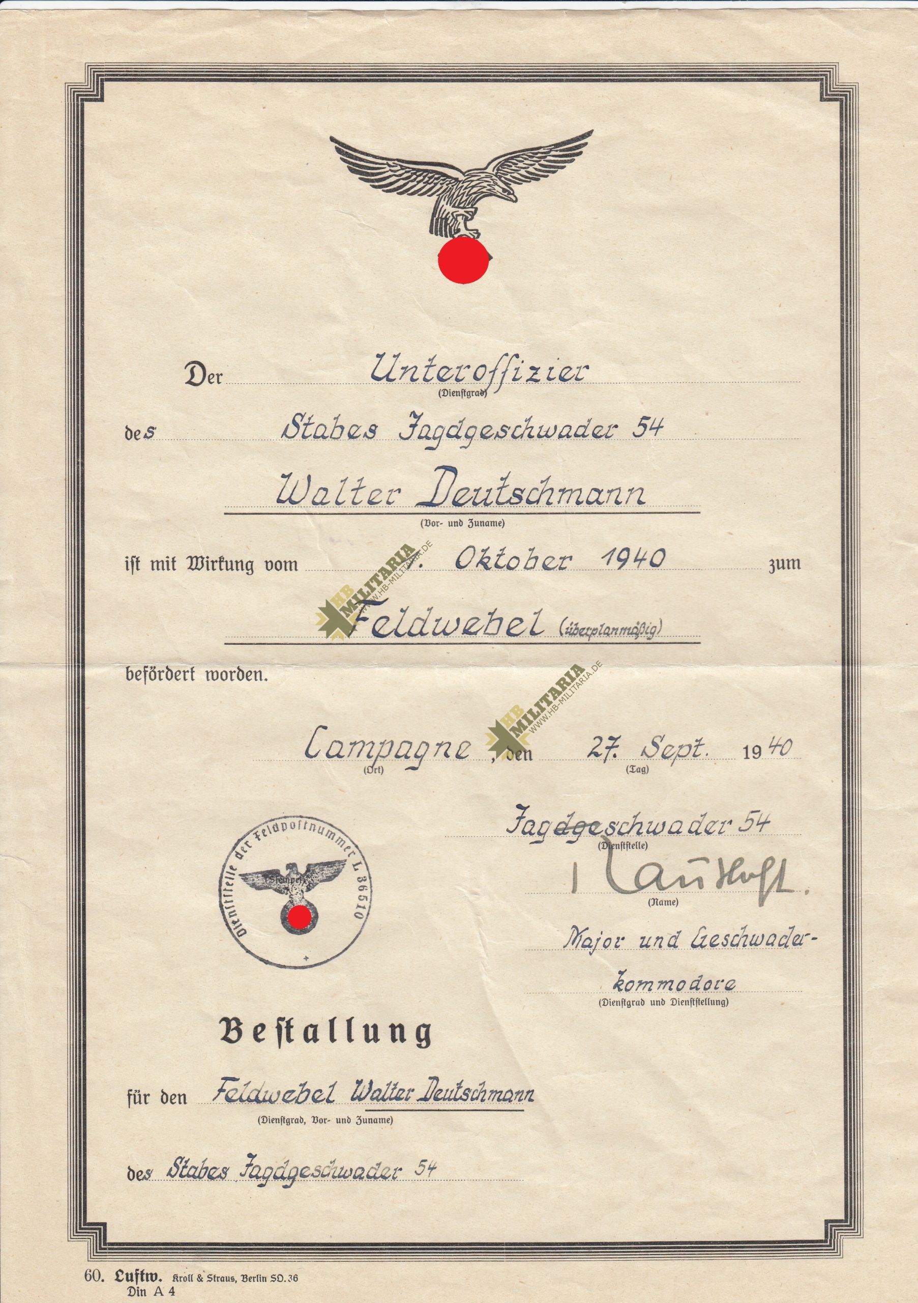 Kleiner Nachlass Bestallung im Jagdgeschwader 54 mit originaler Unterschrift Trautloft- VERKAUFT- SOLD – Bild 3