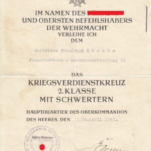 Urkunde Kriegsverdienstkreuz 2 Klasse mit Schwertern. OU Rudolf Gercke.- VERKAUFT- SOLD