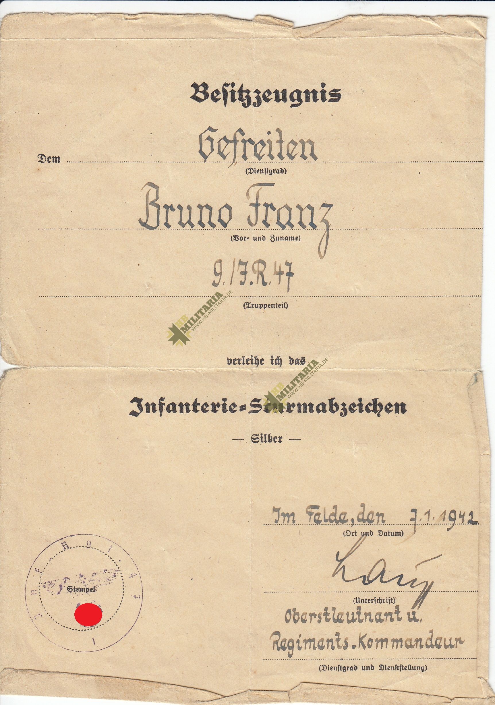 Besitzzeugnis Infanteriesturmabzeichen in Silber- VERKAUFT- SOLD – Bild 2