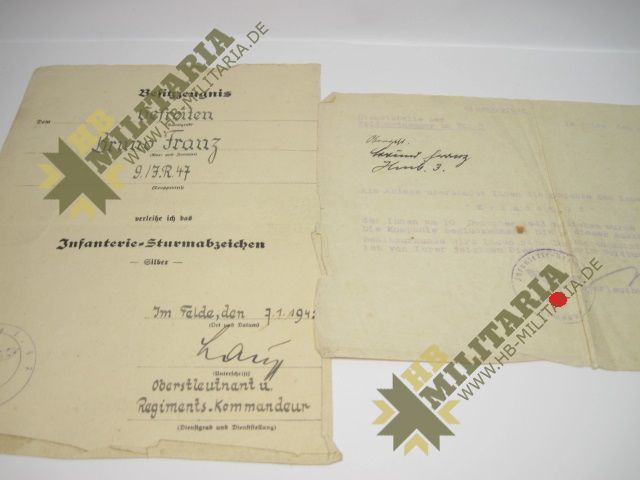 Besitzzeugnis Infanteriesturmabzeichen in Silber- VERKAUFT- SOLD