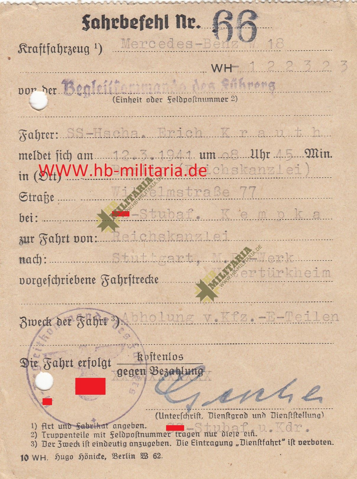 Fahrbefehl Nr. 66 originale Unterschrift Bruno Gesche- VREKAUFT- SOLD