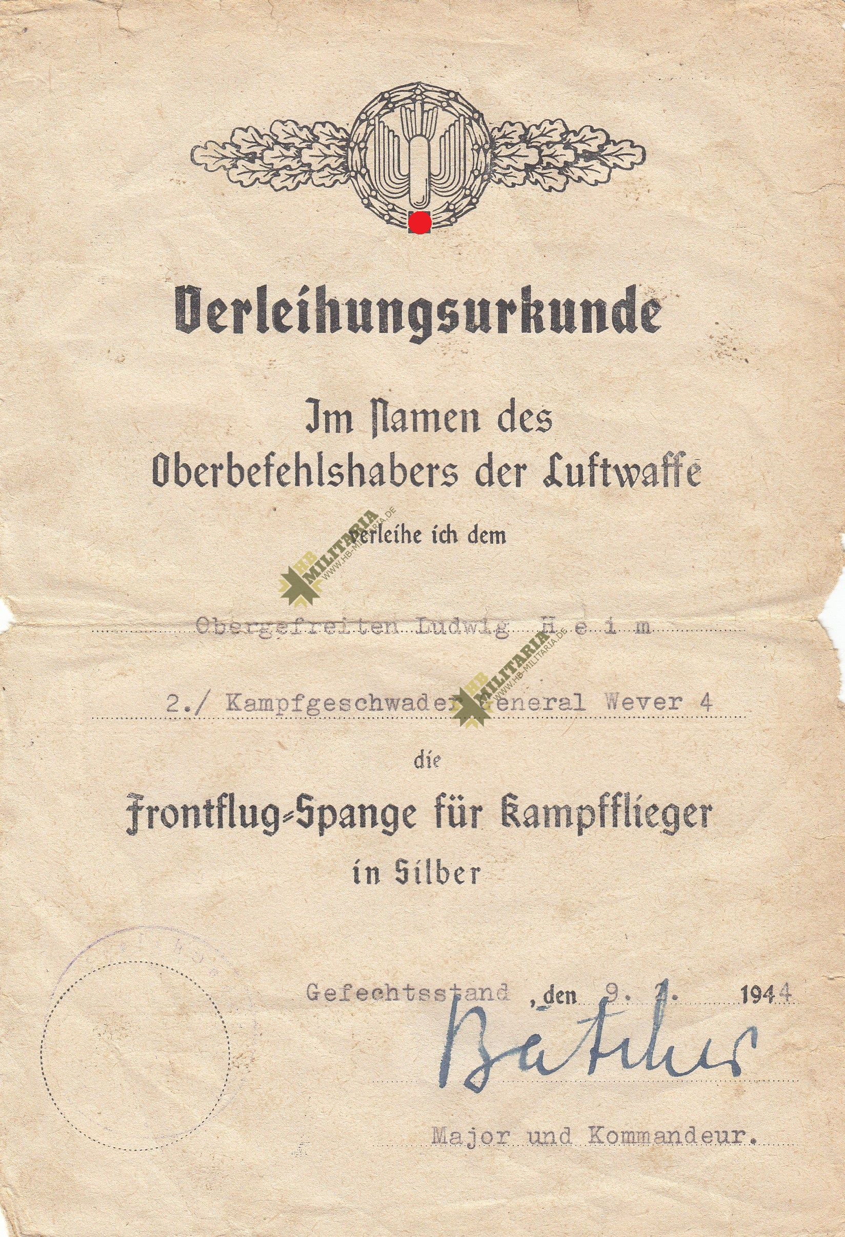 Verleihungsurkunde zur Frontflugspange für Kampffliger in silber OU Hansgeorg Bätcher- VERKAUFT- SOLD