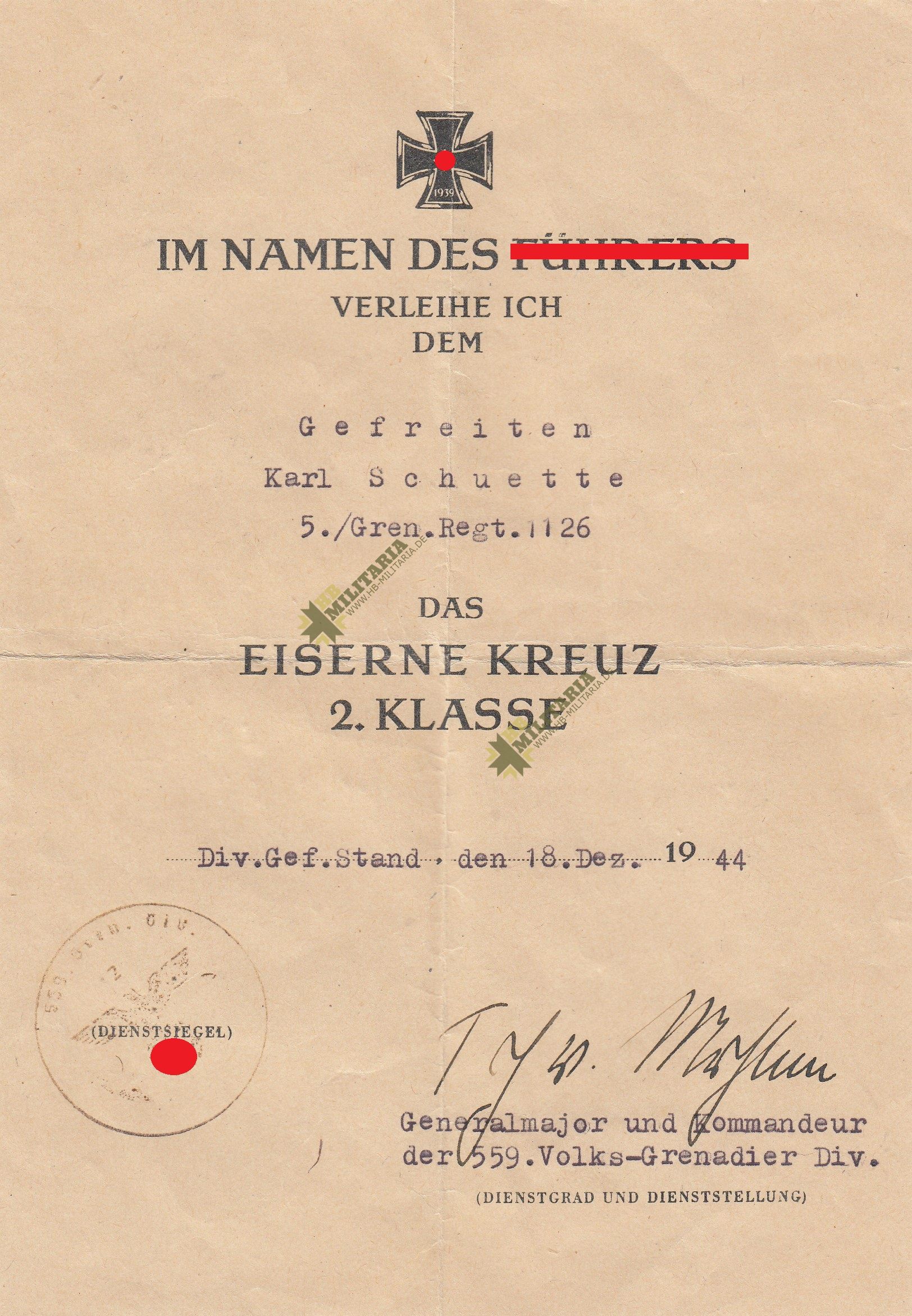 Urkunde Eisernes Kreuz 2. Klasse. OU General von Mühlen.- VERKAUFT- SOLD