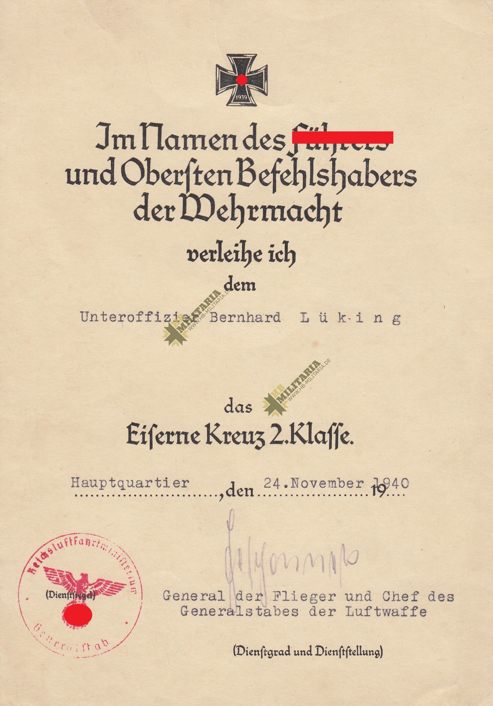 Urkunde Eisernes Kreuz 2. Klasse mit OU Hans Jeschonnek