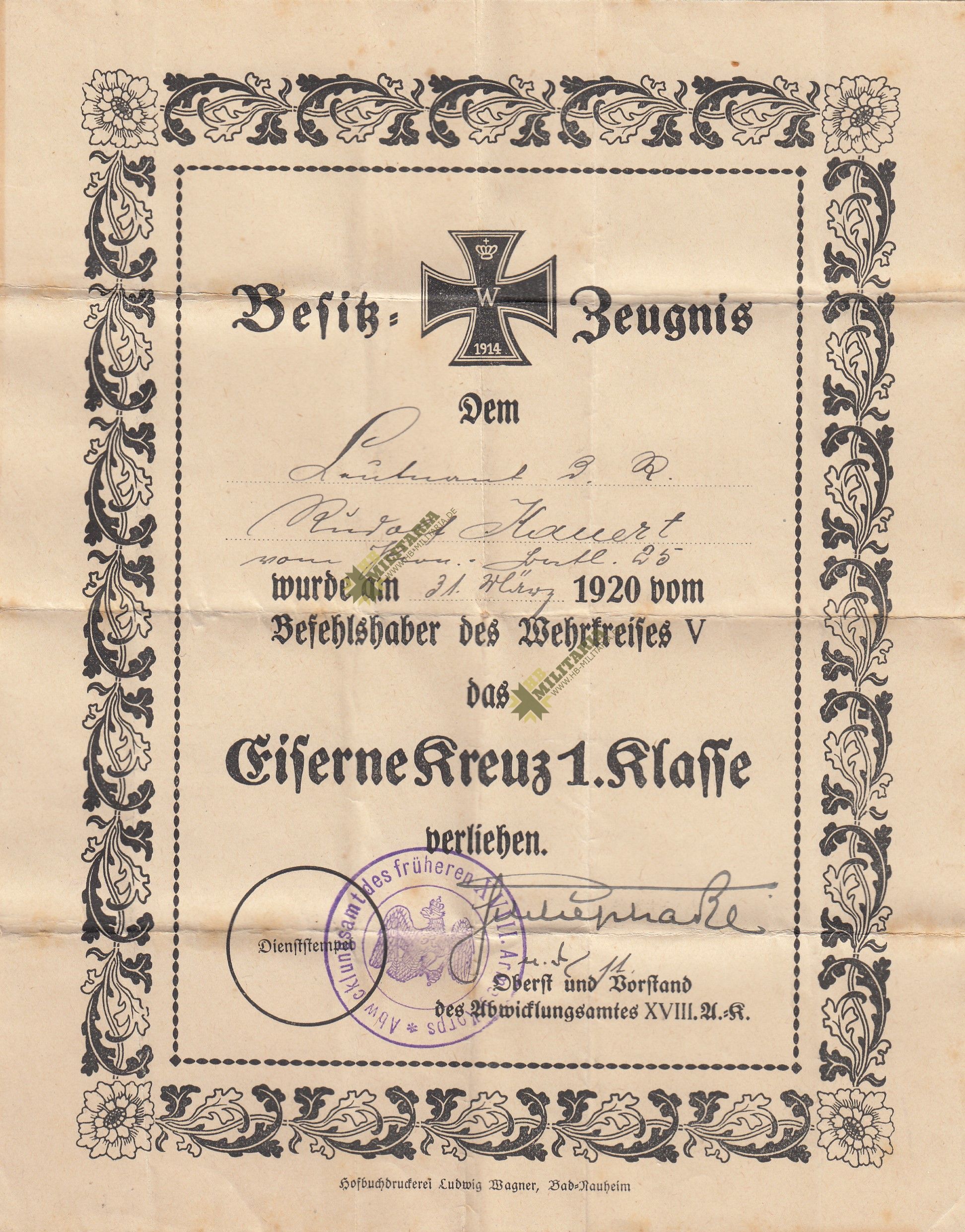Urkunde/ Besitz- Zeugnis Eisernes Kreuz 1. Klasse von 1914- VERKAUFT- SOLD