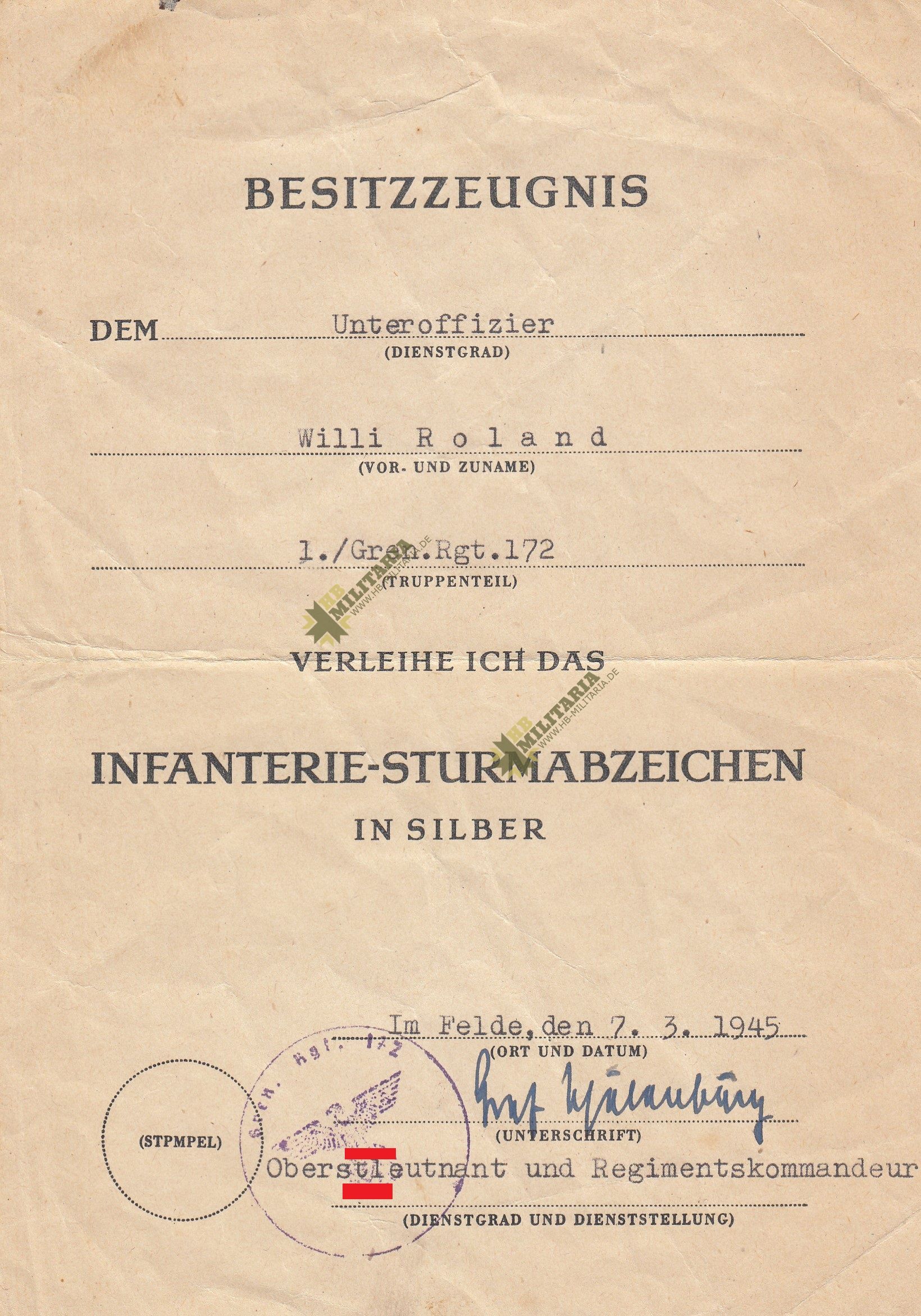 Urkunde Infanterie- Sturmabzeichen. OU Graf v. d. Schulenburg.- VREKAUFT- SOLD