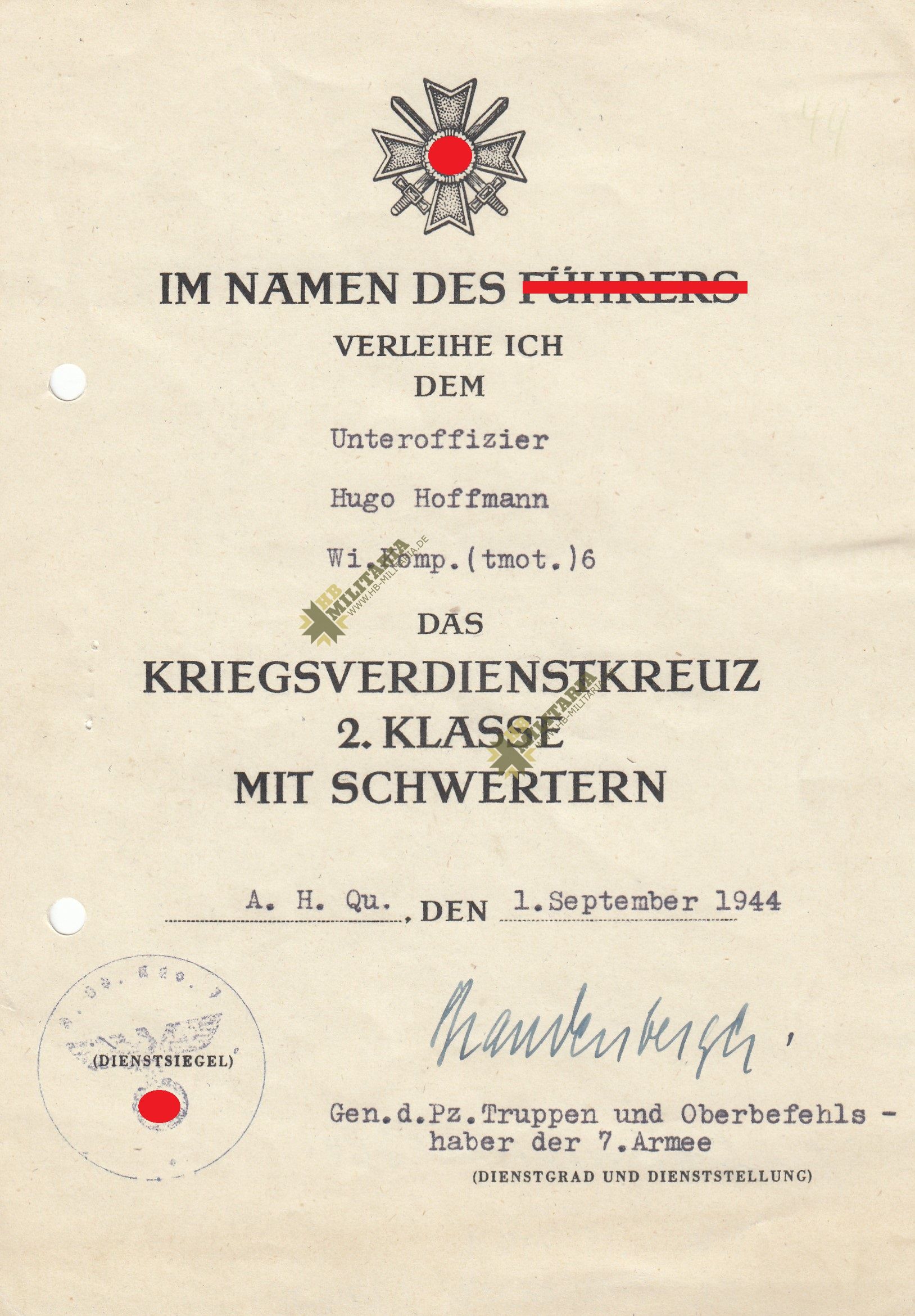 Urkunde zum KVK zweite Klasse. OU Erich Brandenberger- VERKAUFT- SOLD