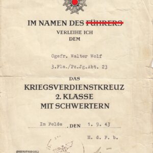 Urkunde zum Kriegsverdienstkreuz 2. Klasse mit Schwertern- VERKAUFT- SOLD