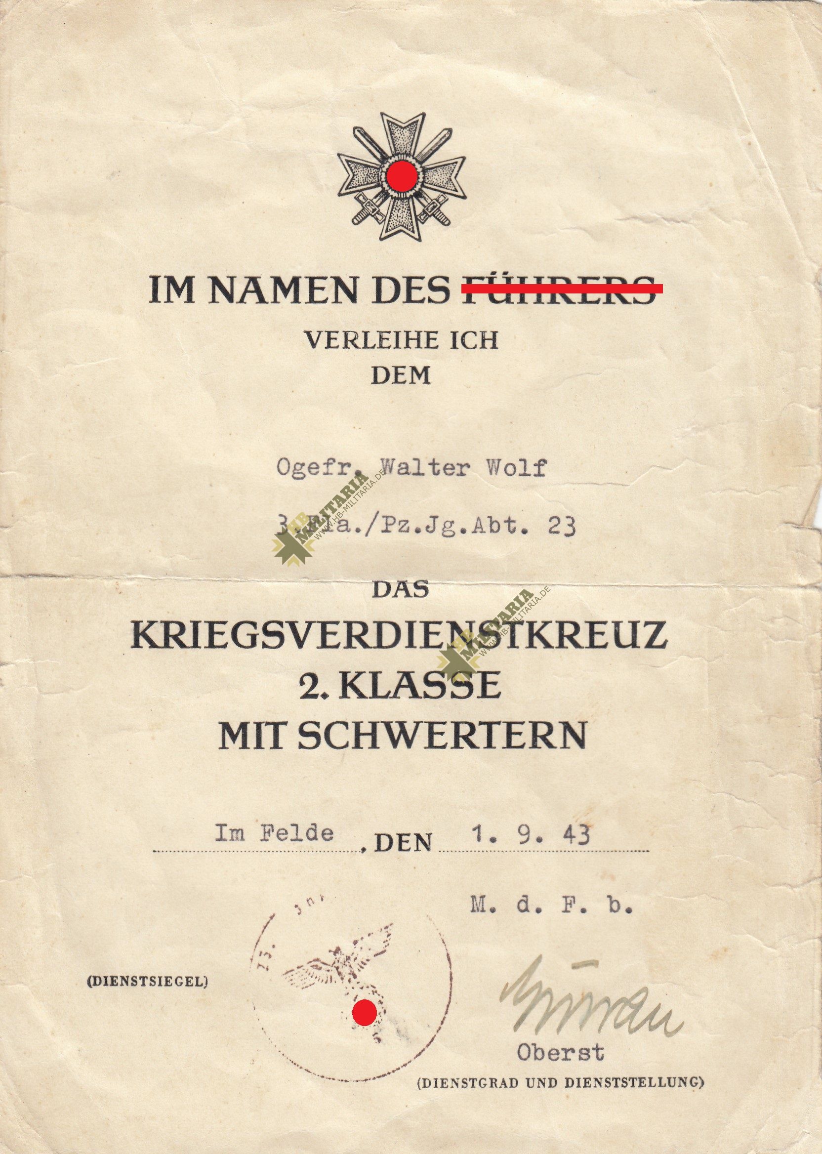 Urkunde zum Kriegsverdienstkreuz 2. Klasse mit Schwertern- VERKAUFT- SOLD