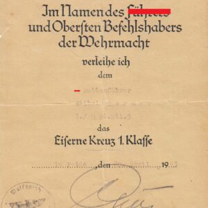 Urkunde zum Eisernen Kreuz 1. Klasse an einen XX Rottenführer der Waffen XX- VERKAUFT- SOLD