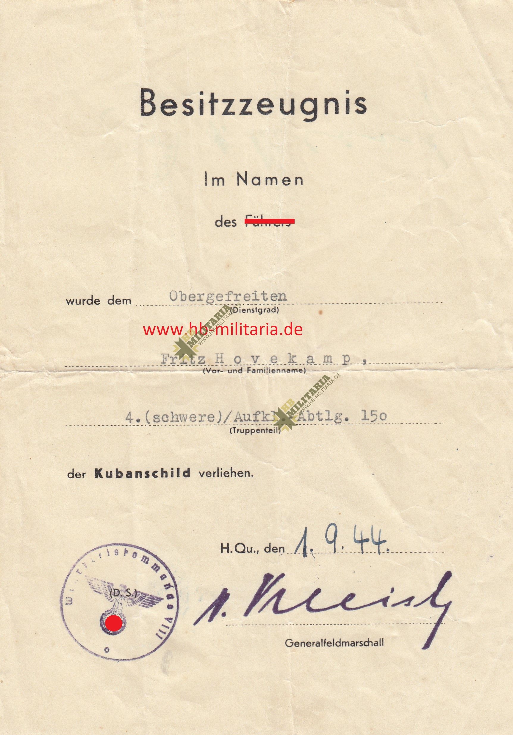 Kubanschild Besitzzeugnis- VERKAUFT- SOLD