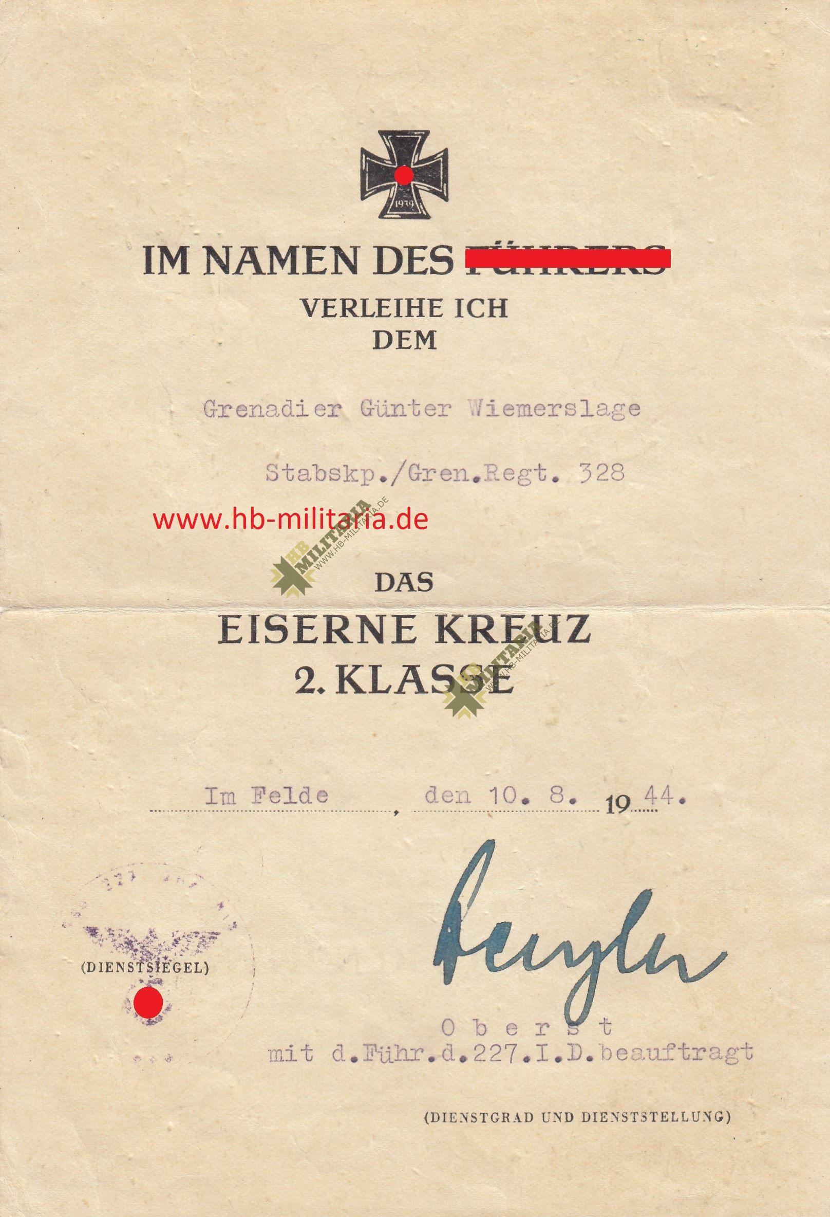 Urkunde Eisernes Kreuz 2. Klasse. Unterschrift Schwerterträger Maximilian Wengler- VERKAUFT- SOLD