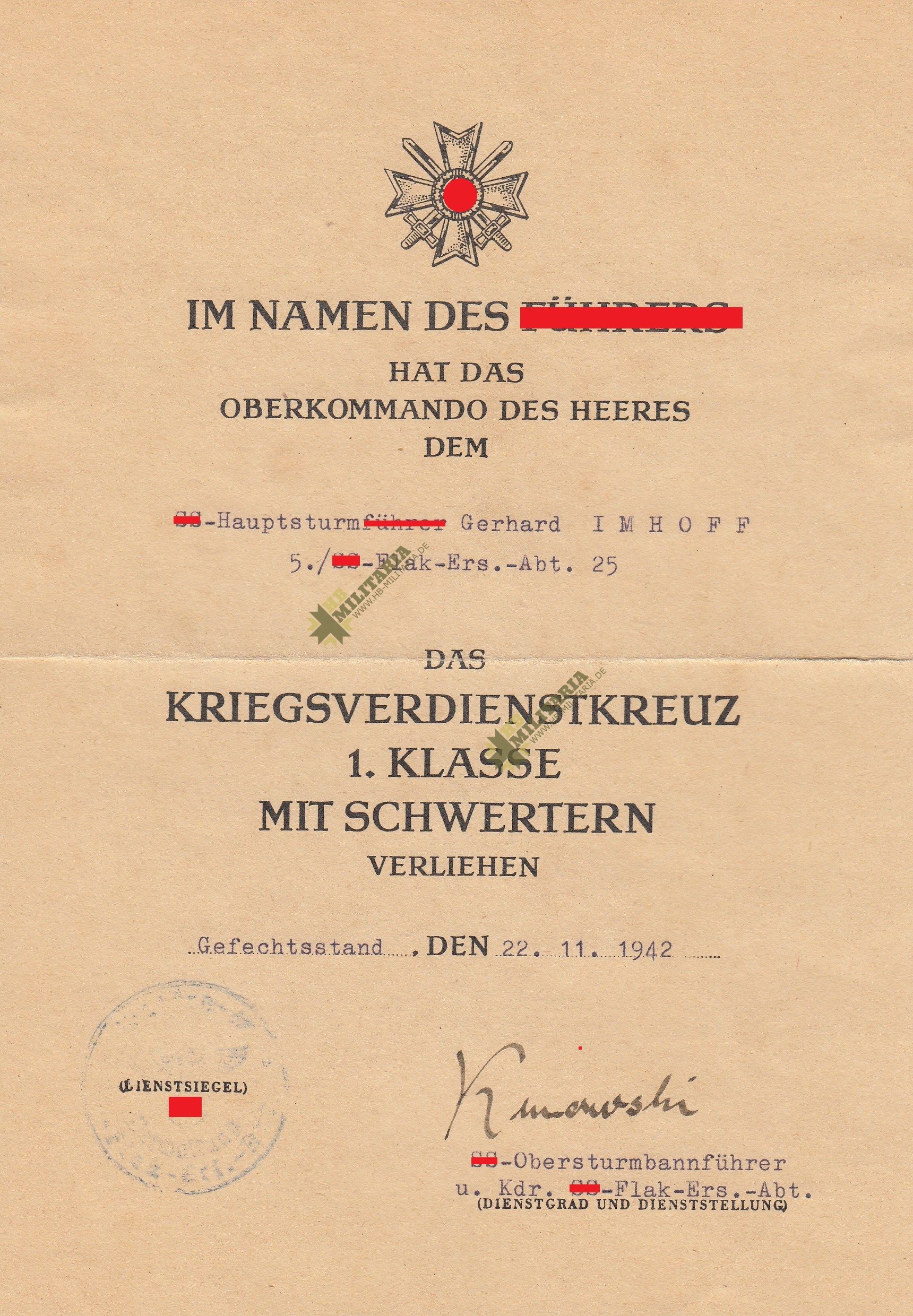 Urkunde für das Kriegsverdienstkreuz 1. Klasse mit Schwertern- Waffen XX- VERKAUFT- SOLD
