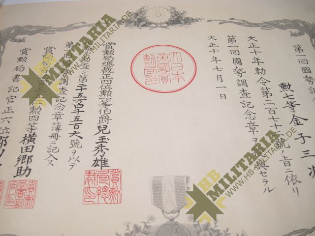 Japan: Erinnerungsmedaille an den ersten nationalen Zensus im Etui und Urkunde. – Bild 2