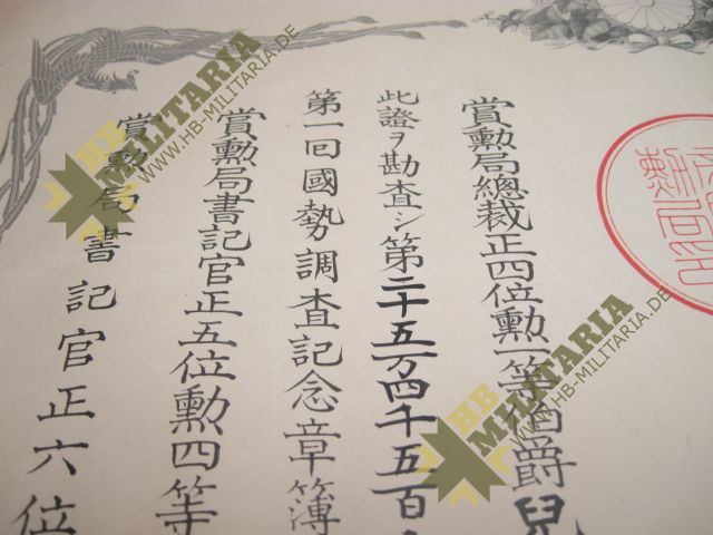 Japan: Erinnerungsmedaille an den ersten nationalen Zensus im Etui und Urkunde. – Bild 3