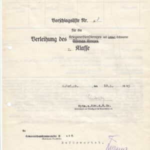 Vorschlagsliste für das KVK 1. Klasse. General der Gebirgstruppen Hans Kreysing