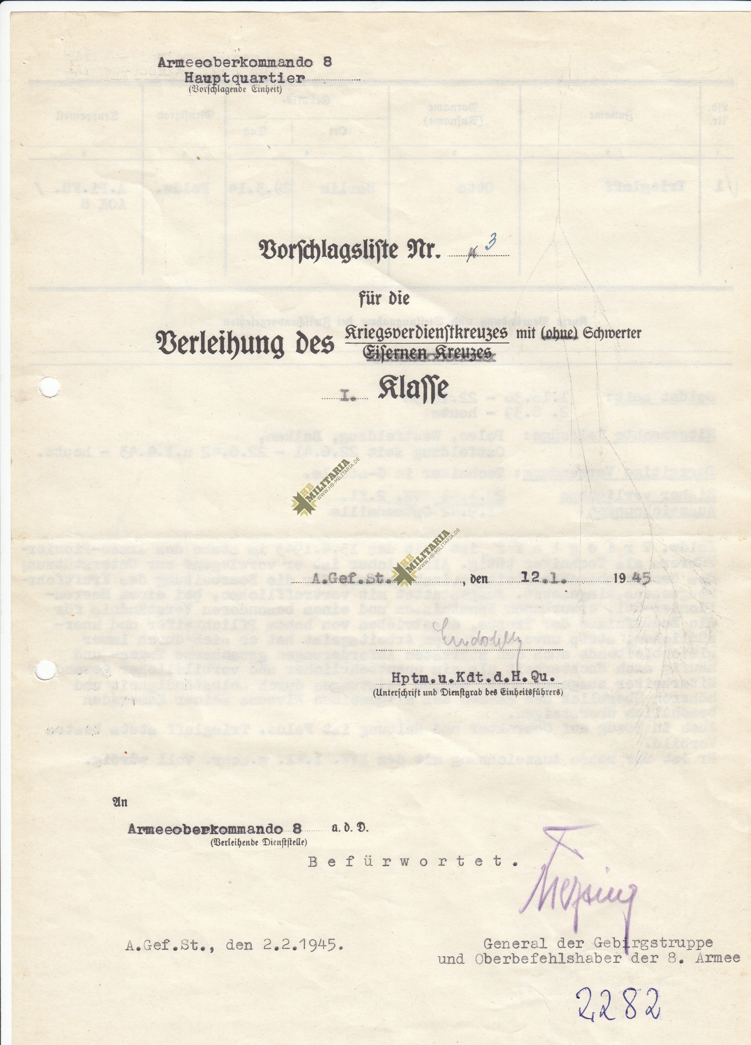Vorschlagsliste für das KVK 1. Klasse. General der Gebirgstruppen Hans Kreysing