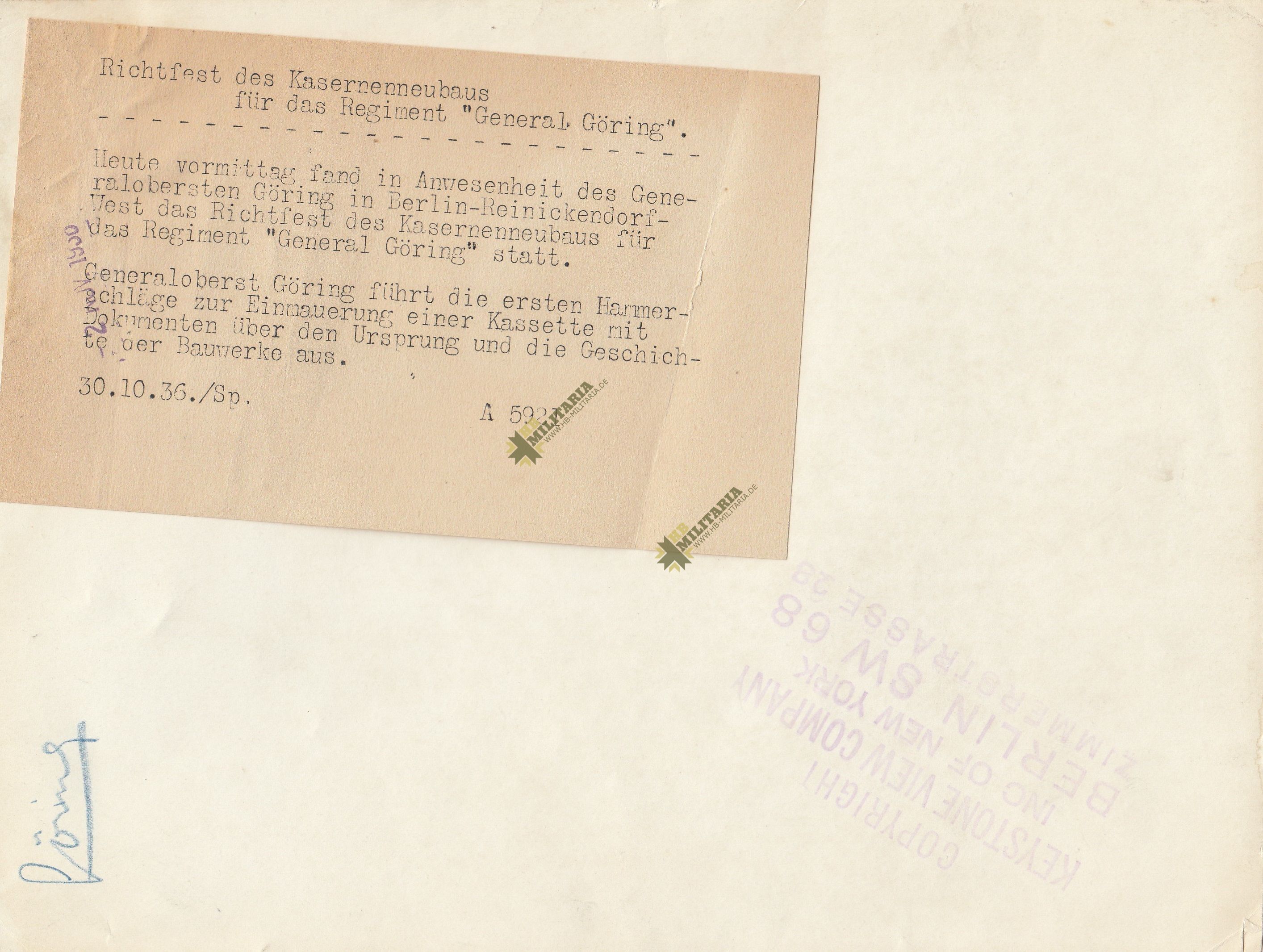 Pressefoto Richtfest des Kasernen- Neubaus für Rgt. "General Göring"- VERKAUFT- SOLD – Bild 2