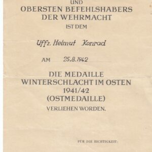 Urkunde zur Winschlachtmedaille im Osten 1941/42