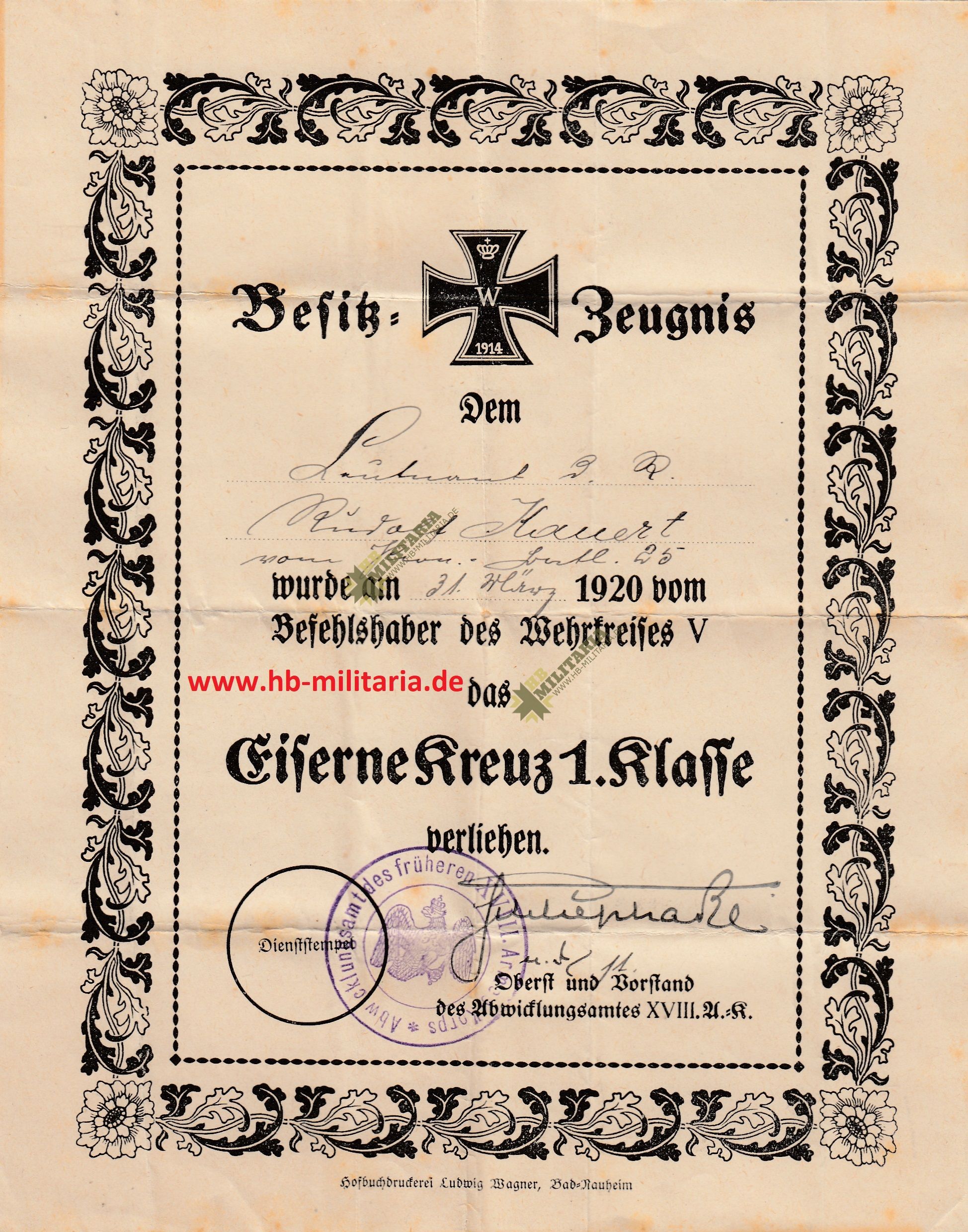 Besitzzeugnis für das Eiserne Kreuz 1. Klasse. EK1.