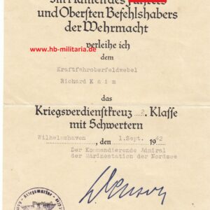 Urkunde Kriegsverdienstdkreuz 2. Klasse mit Schwertern. Kriegsmarine Wilhelmshaven.