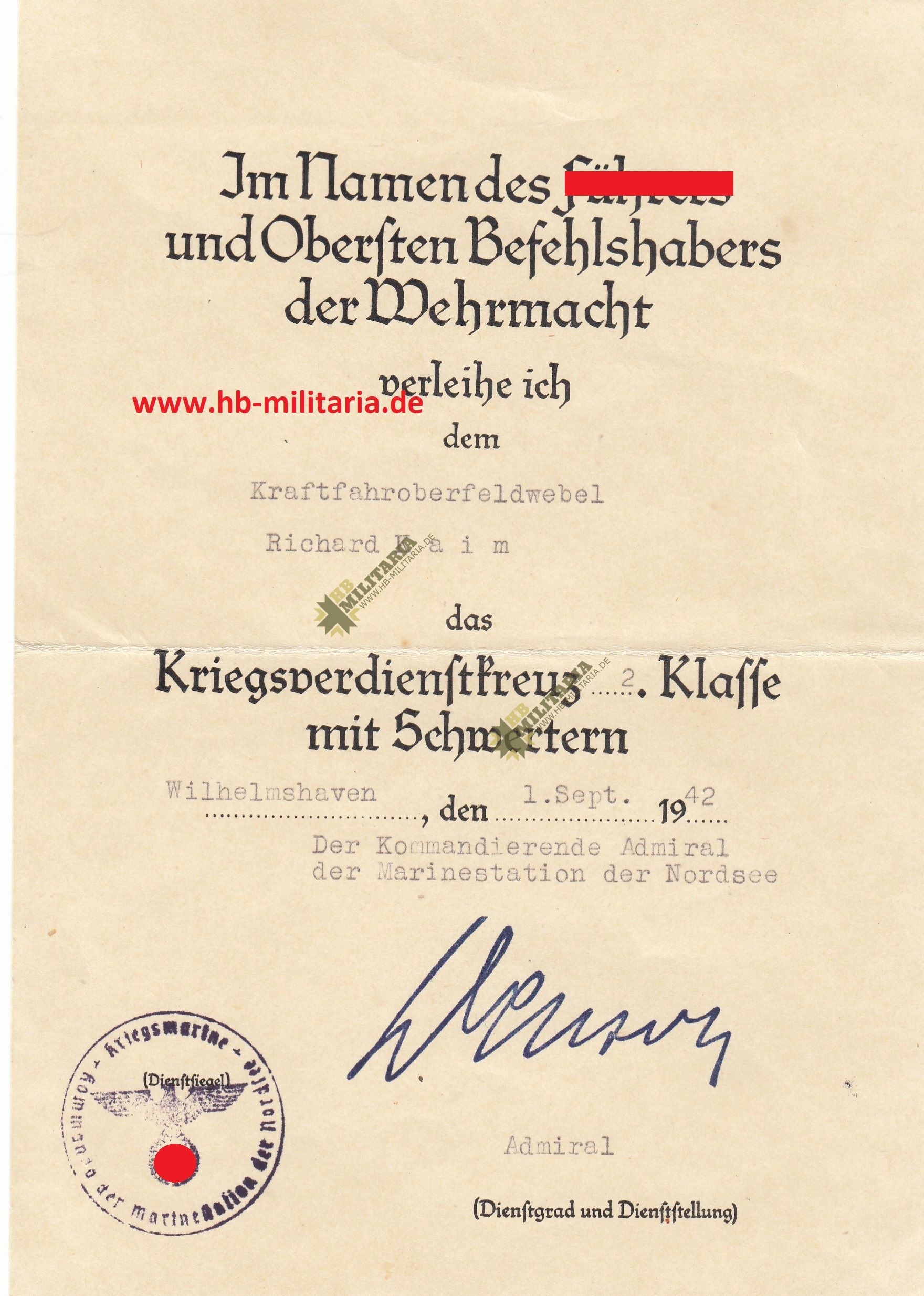 Urkunde Kriegsverdienstdkreuz 2. Klasse mit Schwertern. Kriegsmarine Wilhelmshaven.