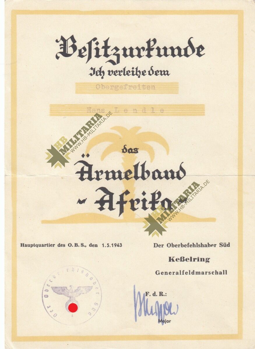 Besitzurkunde für das Ärmelband Afrika 1943- VERKAUFT- SOLD